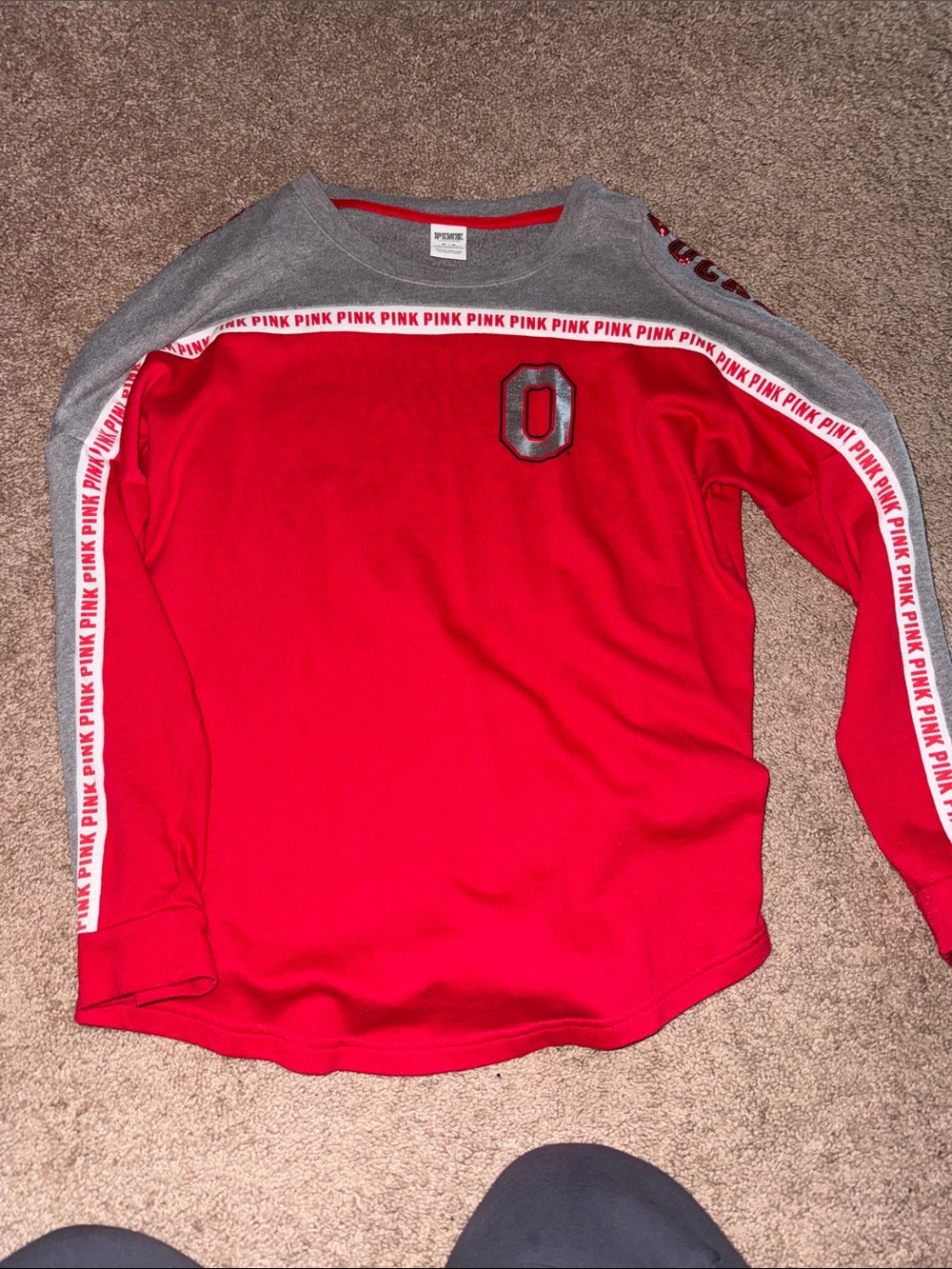 PINK Victoria's Secret Red & Gray Long Sleeve Tee with Logo Tape